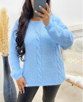 PULLOVER DOUX TORSADES AH250150 BLEU CIEL