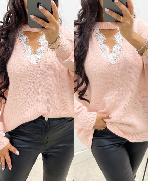 PULLOVER MIT SPITZENKRAGEN AH250151 ROSA