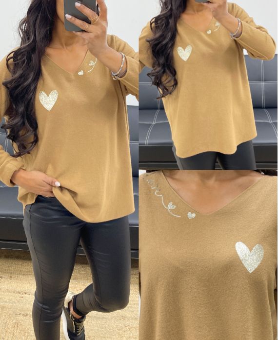 PULL MAILLE SANS COUTURES COEUR LOVE AH250220 CAMEL