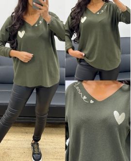 MAGLIONE LAVORATO A MAGLIA SENZA CUCITURE CUORE AMORE AH250220 VERDE MILITARE