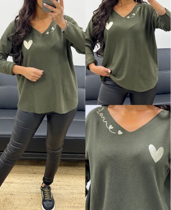 JERSEY DE PUNTO SIN COSTURAS HEART LOVE AH250220 VERDE MILITAR