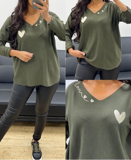 MAGLIONE LAVORATO A MAGLIA SENZA CUCITURE CUORE AMORE AH250220 VERDE MILITARE