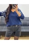 RHINESTONE SEAMLESS KNIT SWEATER AH250225 NAVY BLUE