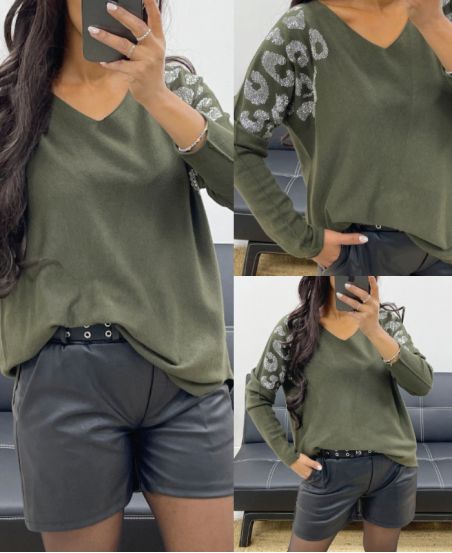 PULL MAILLE SANS COUTURE STRASS AH250225 VERT MILITAIRE