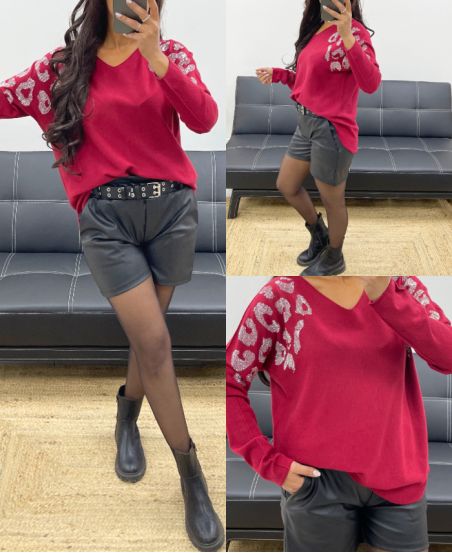 SEAMLESS KNITTED SWEATER RHINESTONE AH250225 BURGUNDY