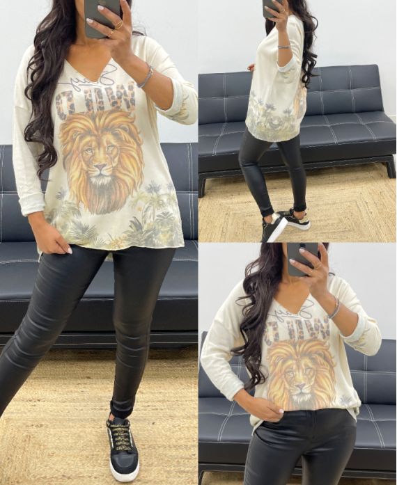 LIGHTWEIGHT V-NECK SWEATER WITH WILD AH250209 PRINT