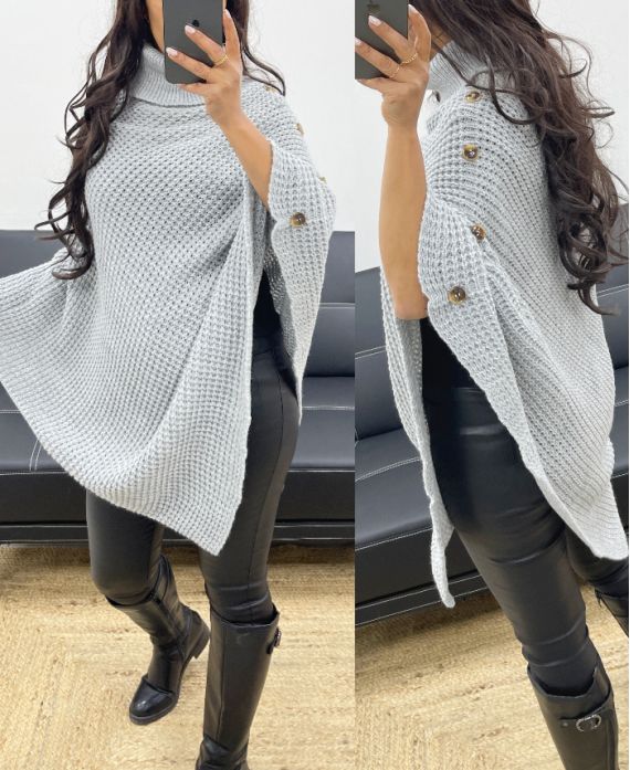 BUTTON KNIT PONCHO AH894 GREY