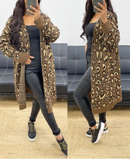 GILET LONG LEOPARD AH250229 CHOCOLAT