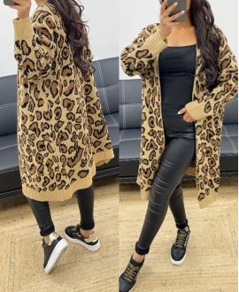 LANGE STRICKJACKE MIT LEOPARDEN AH250229 KAMEL