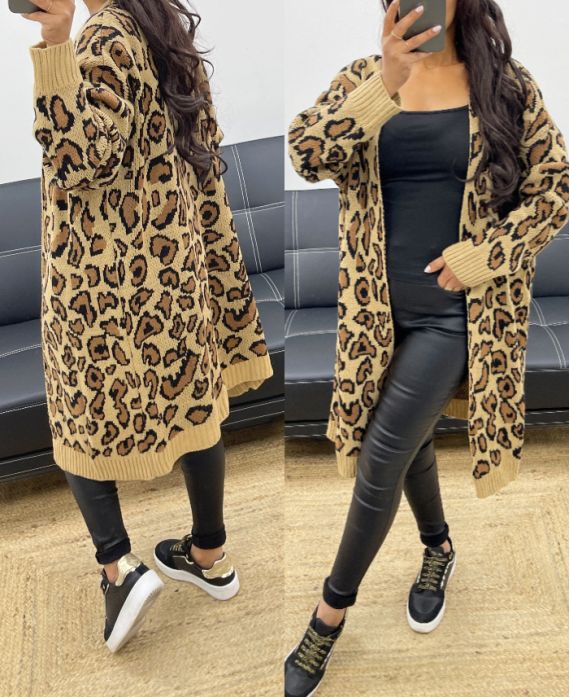 LONG LEOPARD CARDIGAN AH250229 CAMEL