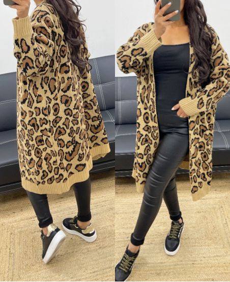 LANGE STRICKJACKE MIT LEOPARDEN AH250229 KAMEL