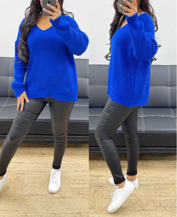 PULLOVER DOUX AJOURE PE885 BLEU ROYAL