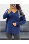 RHINESTONE SEAMLESS KNIT SWEATER AH250205 NAVY BLUE