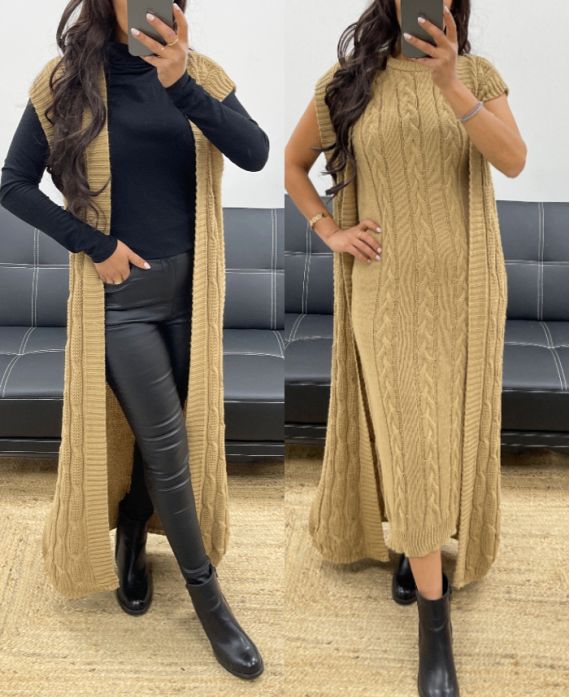 LONG CABLE KNIT CARDIGAN AH250239 CAMEL