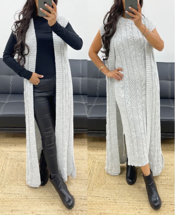 LONG CABLE KNIT CARDIGAN AH250239 LIGHT GREY