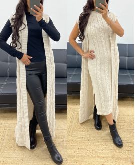 LONG CABLE KNIT CARDIGAN AH250239 BEIGE