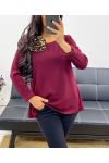 PULL-TUNIQUE + BROCHE DOS OUVERT LEOPARD AH250282 BORDEAUX