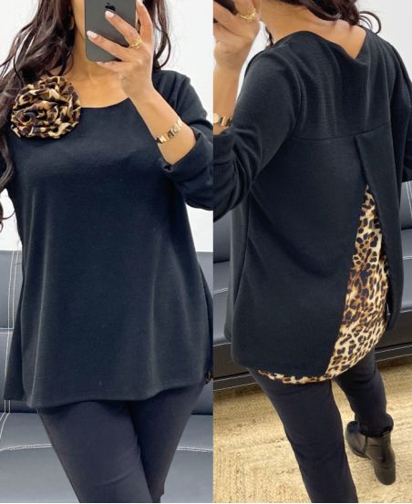 PULL-TUNIC + LEOPARD OPEN BACK BROOCH AH250282 BLACK