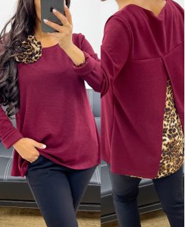 PULL-TUNIC + LEOPARD AH250282 BURGUNDY OPEN BACK BROOCH