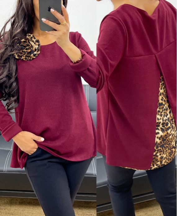 PULL-TUNIC + LEOPARD AH250282 BURGUNDY OPEN BACK BROOCH