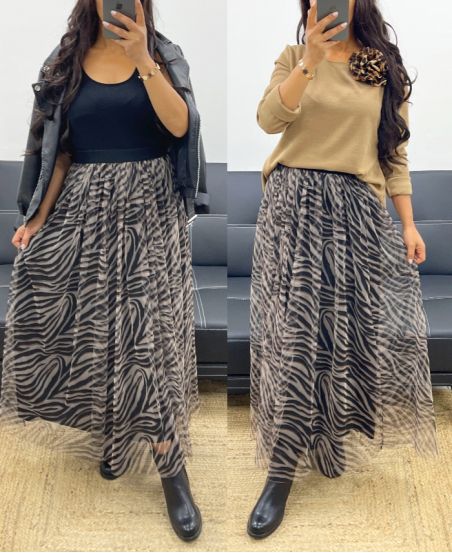 PRINTED TULLE SKIRT AH250276 CAMEL/BLACK