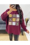 LEOPARD RHINESTONE BACK PULLOVER AH250278 BURGUNDY