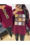 LEOPARD RHINESTONE BACK PULLOVER AH250278 BURGUNDY