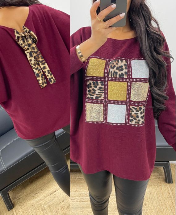 LEOPARD RHINESTONE BACK PULLOVER AH250278 BURGUNDY