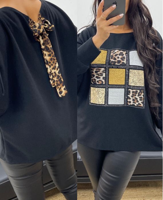 LEOPARD RHINESTONE BACK SWEATER AH250278 BLACK