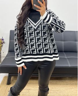 PULLOVER MIT GEOMETRISCHEM MUSTER UND HOHEM KRAGEN AW935 SCHWARZ