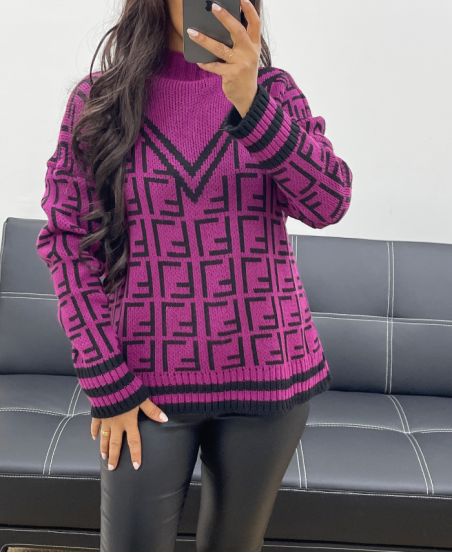 GEOMETRIC PATTERN HIGH NECK SWEATER AW935 PLUM