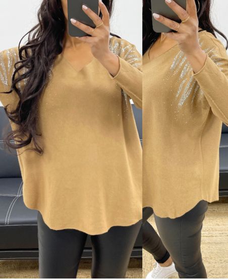 RHINESTONE SEAMLESS KNIT SWEATER AH250205 CAMEL