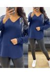 MAGLIONE IN MAGLIA SENZA CUCITURE CON STRASS AH250205 BLU NAVY