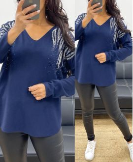 RHINESTONE SEAMLESS KNIT SWEATER AH250205 NAVY BLUE