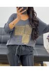 GREY AH250285 RHINESTONE PRINT SWEATER