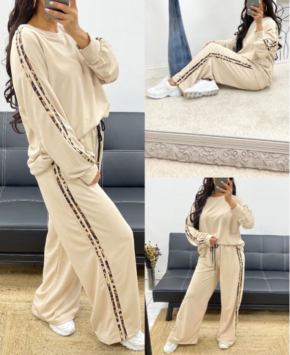 SWEATSHIRT + HOSE MIT LEOPARDENSTREIFEN AH250352 BEIGE