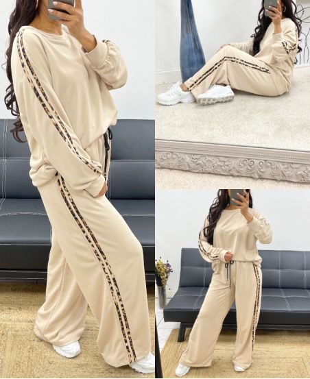 ENSEMBLE SWEAT + PANTALON EVASE RAYURES LEOPARD AH250352 BEIGE