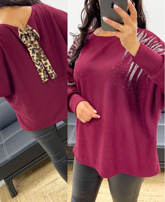 LEOPARD STRASS SCHLEIFE PULLOVER AH250292 BURGUND