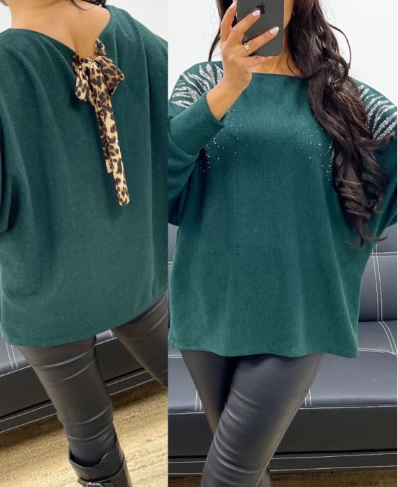 LEOPARD RHINESTONE BOW SWEATER AH250292 GREEN