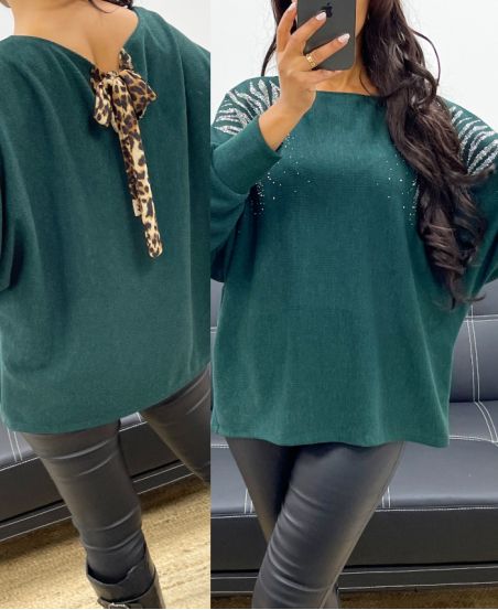 LEOPARD RHINESTONE BOW SWEATER AH250292 GREEN