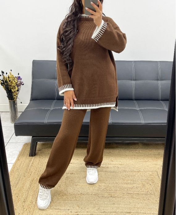 ENSEMBLE PULLOVER + PANTALON MAILLE AH250346 CHOCOLAT