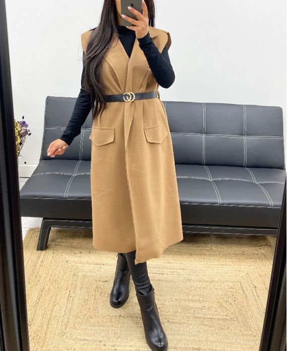 SLEEVELESS COAT + AH250317 BELT CAMEL