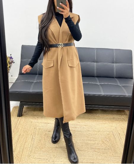 SLEEVELESS COAT + AH250317 BELT CAMEL