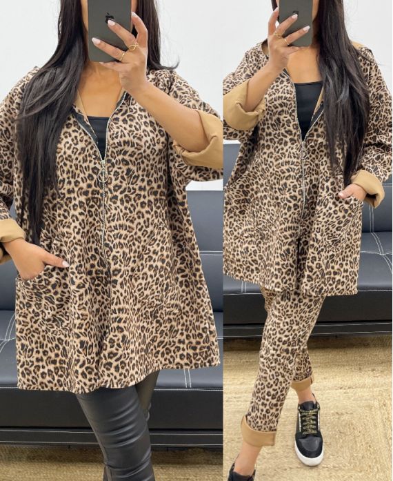 CHAQUETA OVERSIZE DE ANTE DE LEOPARDO CON CREMALLERA AH250339