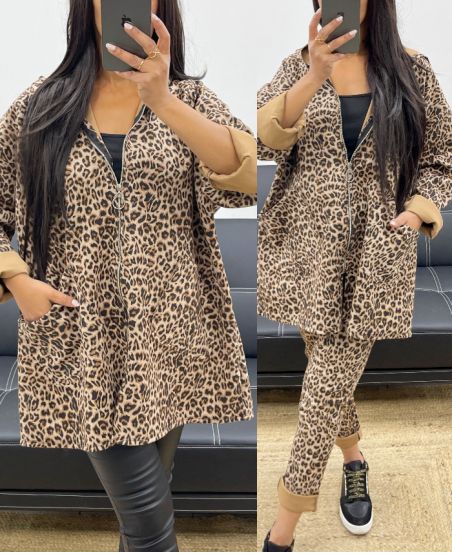 CHAQUETA OVERSIZE DE ANTE DE LEOPARDO CON CREMALLERA AH250339