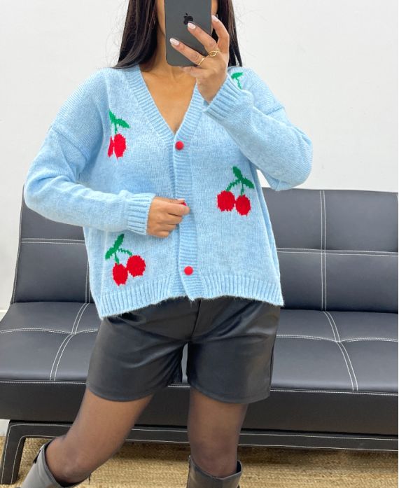 CHERRY SHORT CARDIGAN WITH RED AH250407 SKY BLUE BUTTONS