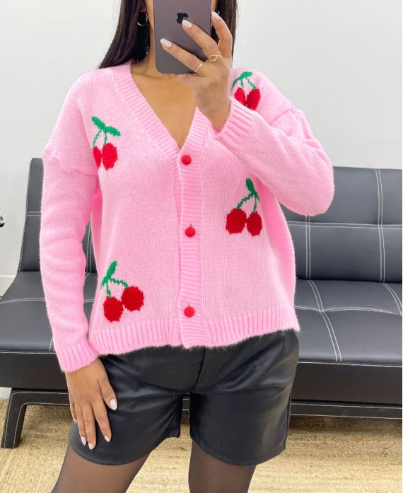 CHERRY SHORT CARDIGAN WITH RED AH250407 PINK BUTTONS