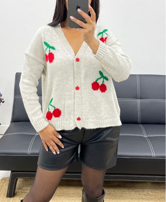 CHERRY SHORT CARDIGAN WITH RED AH250407 BEIGE BUTTONS