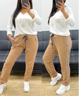 PANTALON EN COTON BANDE RAYE AH250355 CAMEL