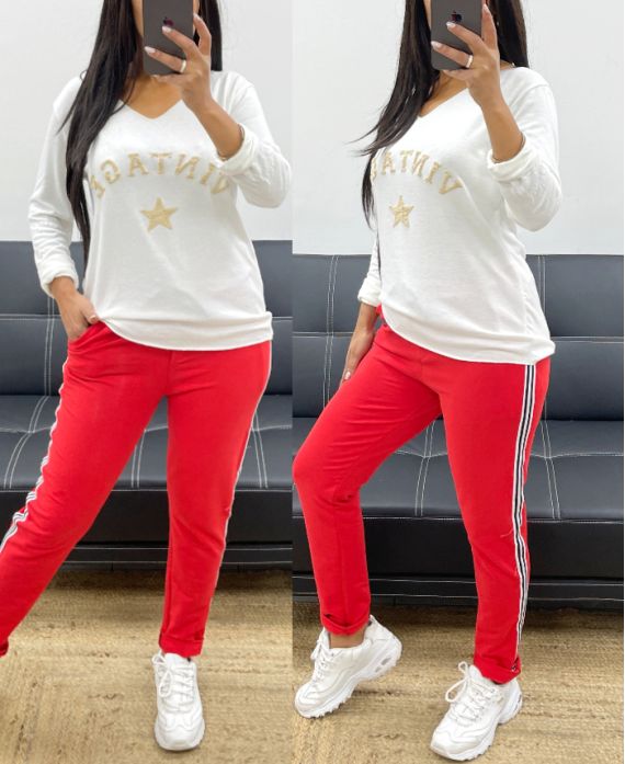 PANTALON EN COTON BANDE RAYE AH250355 ROUGE